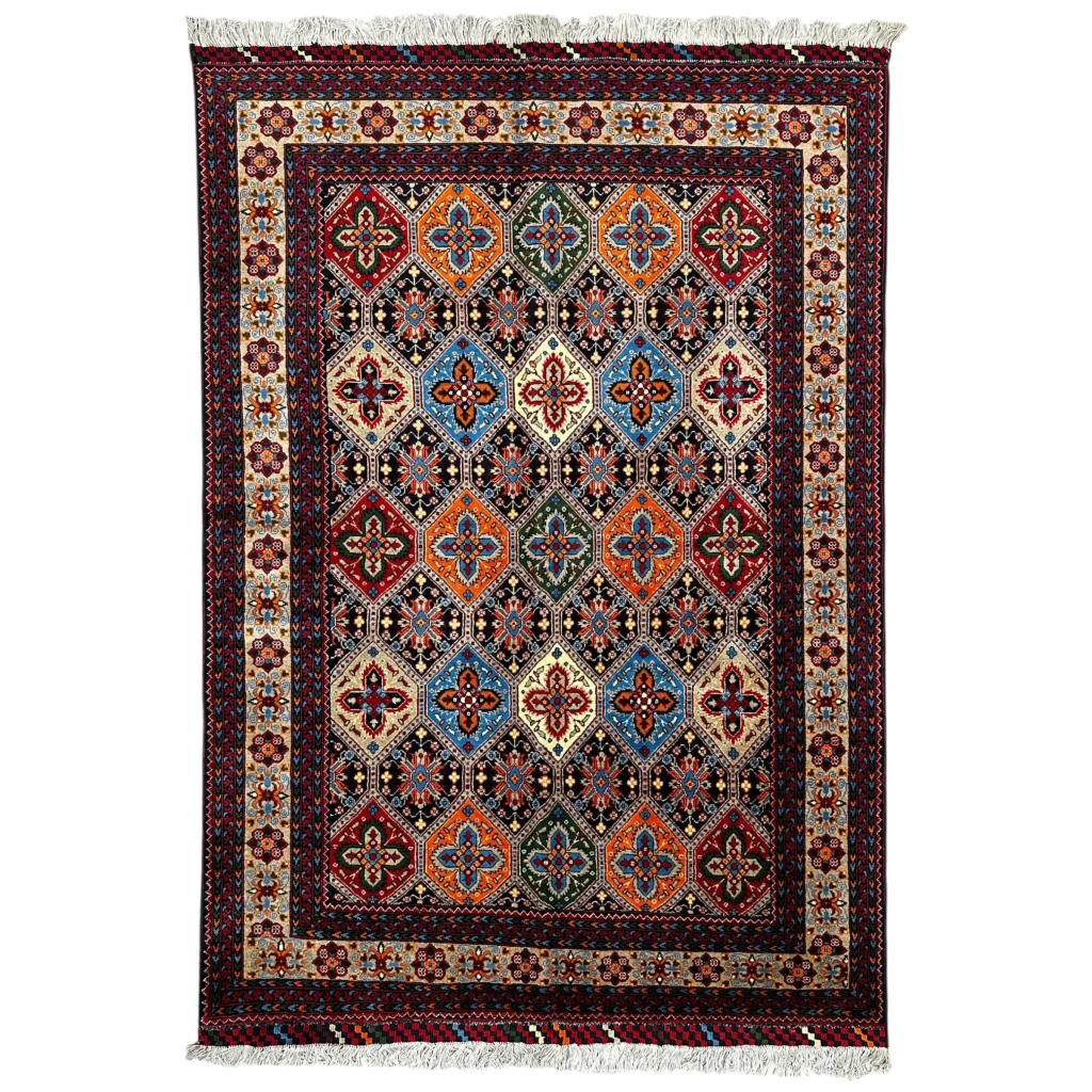 Vibrant Afghan Kashi rug with cotton foundation in maroon, blue, orange hues