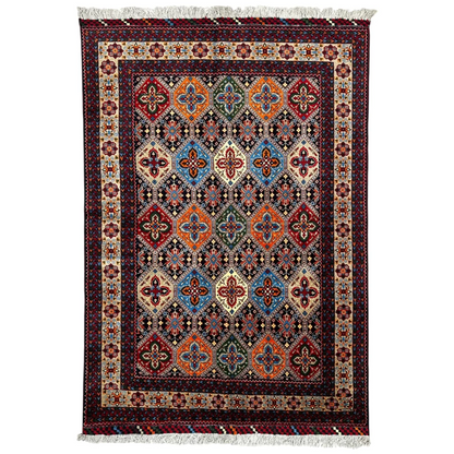 Vibrant Afghan Kashi rug with cotton foundation in maroon, blue, orange hues
