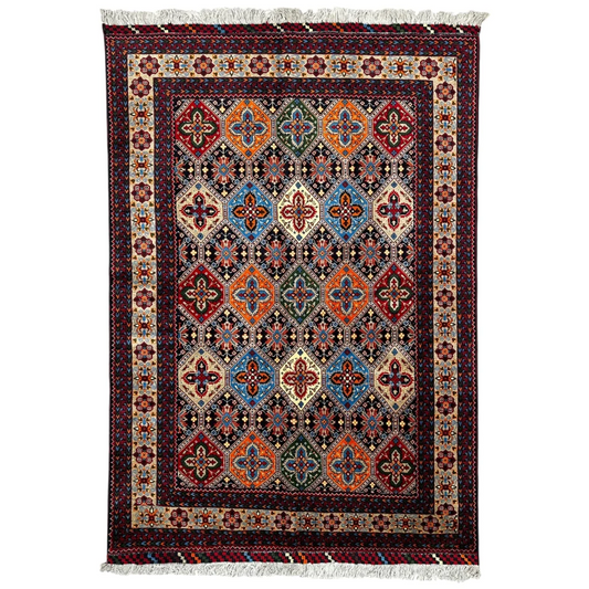 Vibrant Afghan Kashi rug with cotton foundation in maroon, blue, orange hues