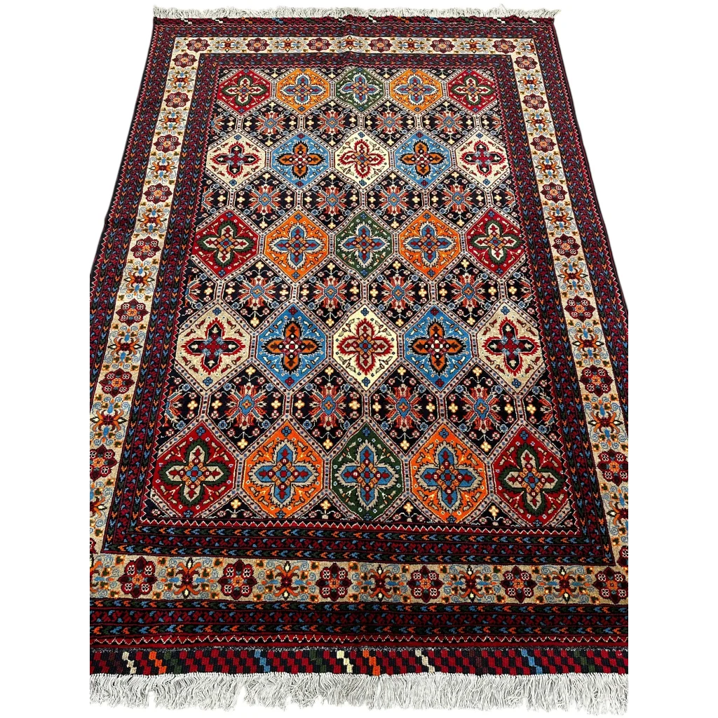 Stunning Afghan Kashi rug with cotton foundation, vibrant geometric patterns
