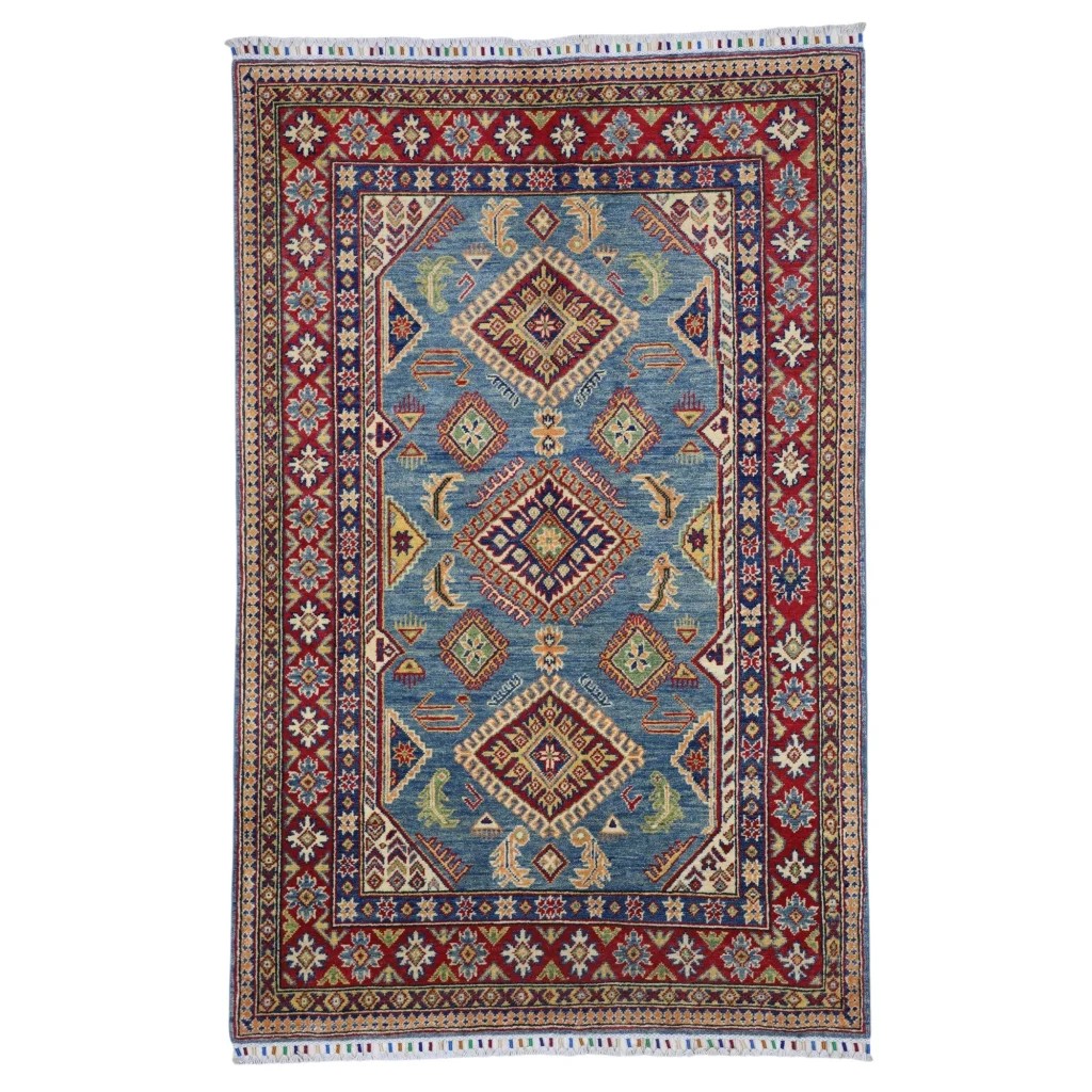 Afghan Kazak hand-knotted wool rug with cotton foundation in blue, red, and cream