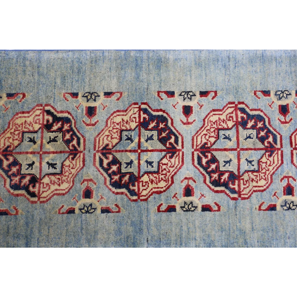 Stunning Afghan Kazak runner rug in blue with red geometric patterns on cotton foundation