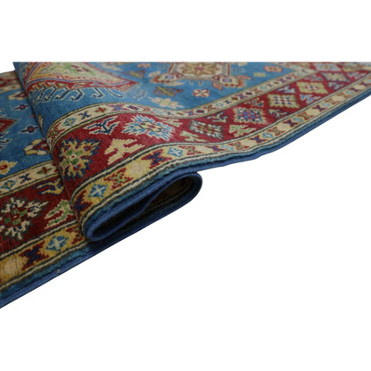 Stunning Afghan Kazak runner rug with cotton foundation, blue red floral patterns