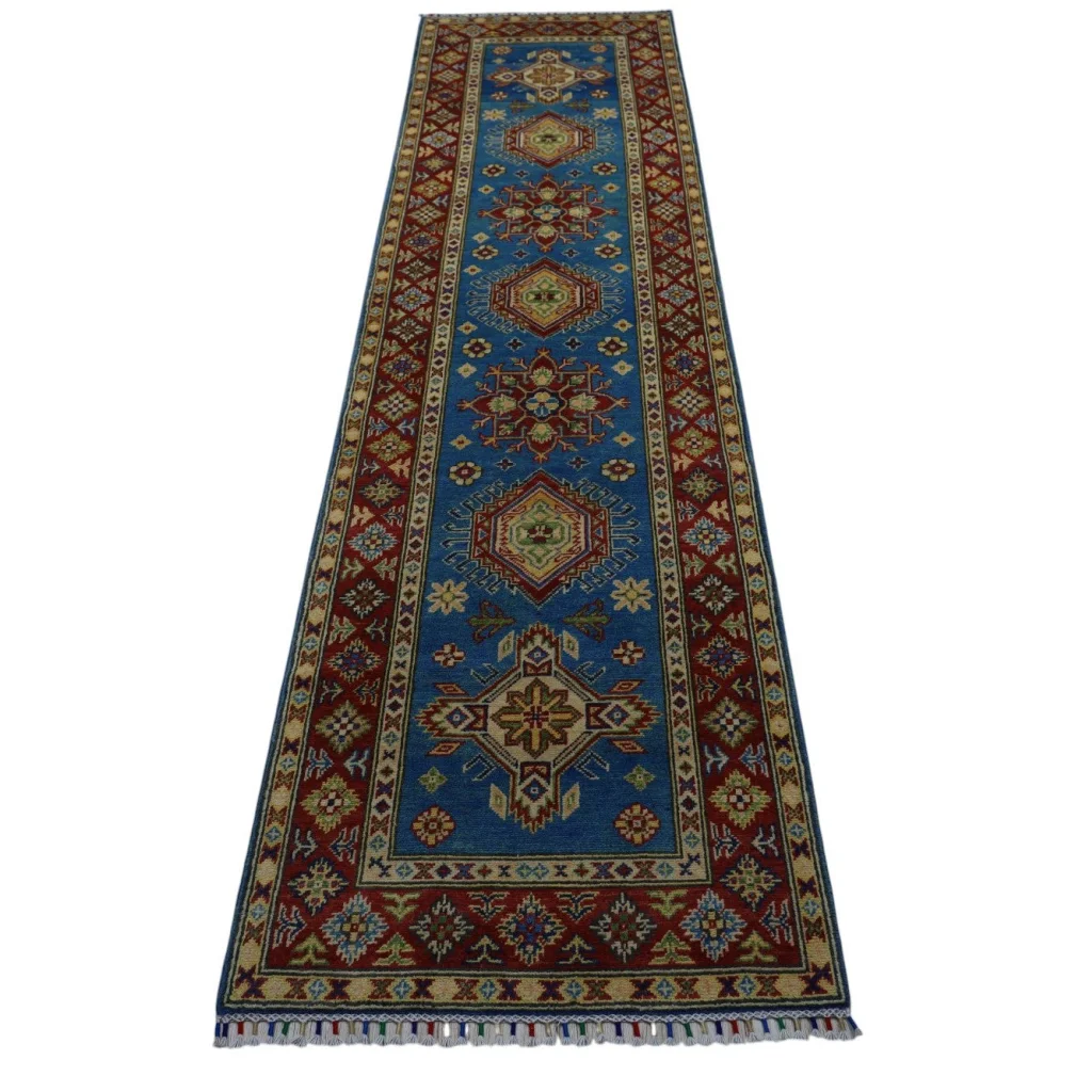 Stunning Afghan Kazak runner rug with cotton foundation and geometric patterns