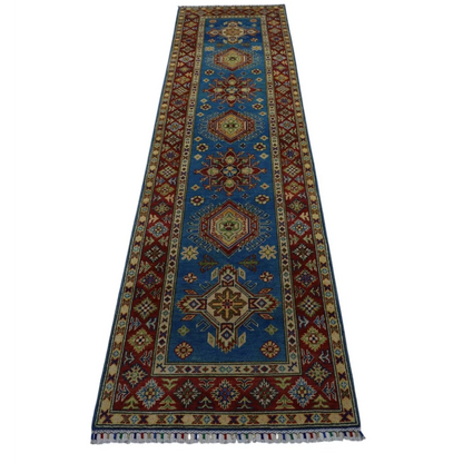 Stunning Afghan Kazak runner rug with cotton foundation and geometric patterns