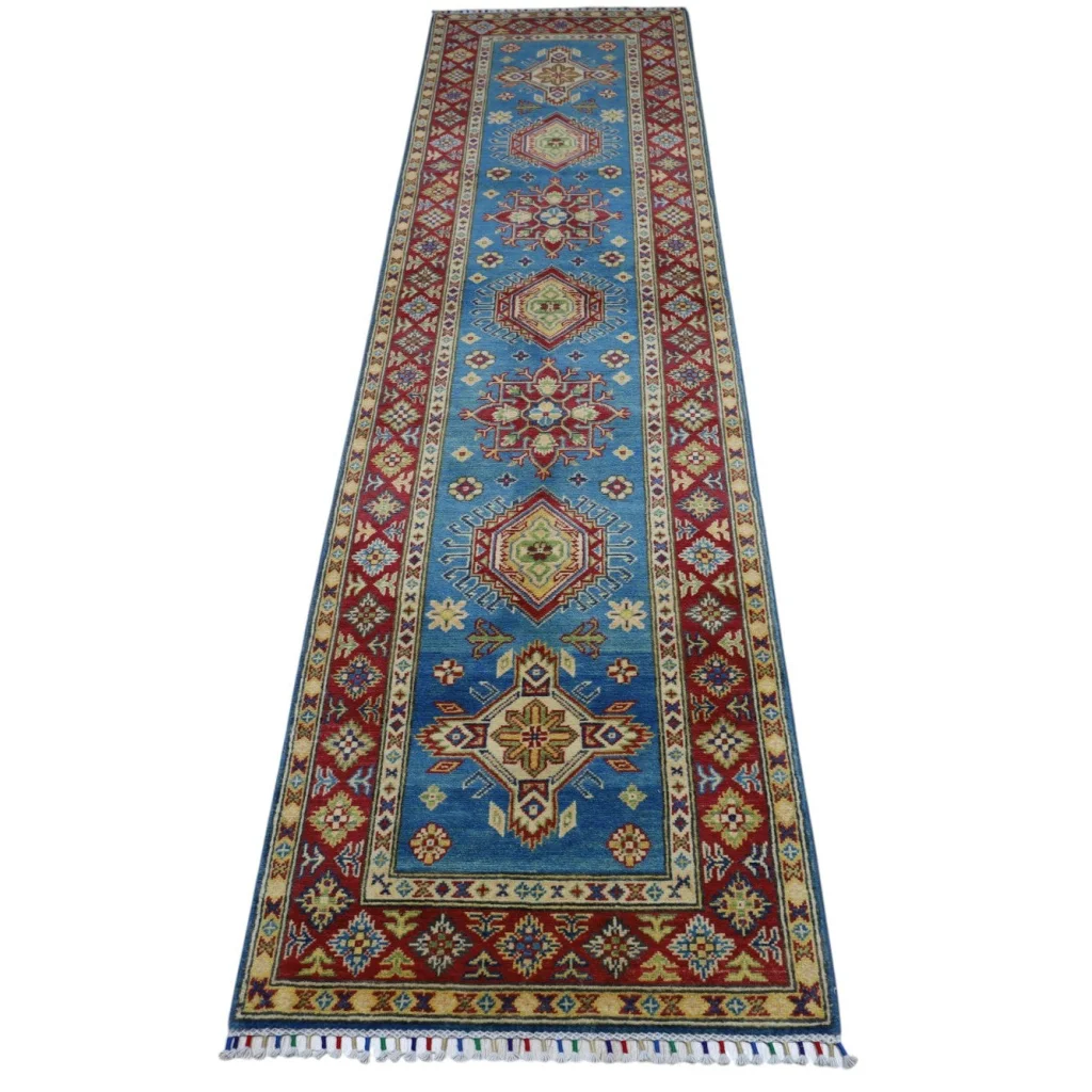 Vibrant Afghan Kazak runner rug with cotton foundation, blue red geometric patterns
