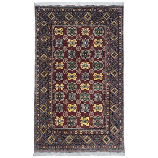 Stunning Afghan rug in rich burgundy with cotton foundation and geometric patterns