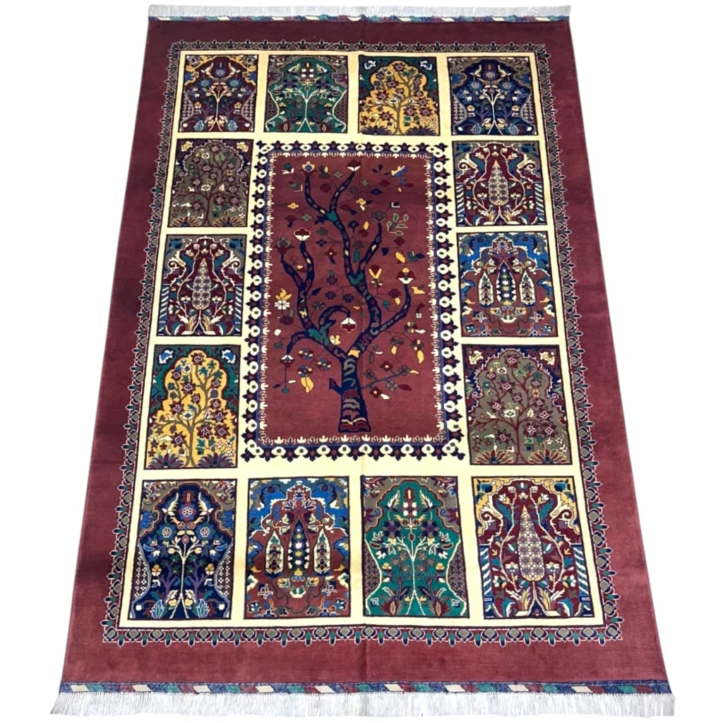 Afghan Tree of Life hand-knotted rug with cotton foundation in cream and burgundy