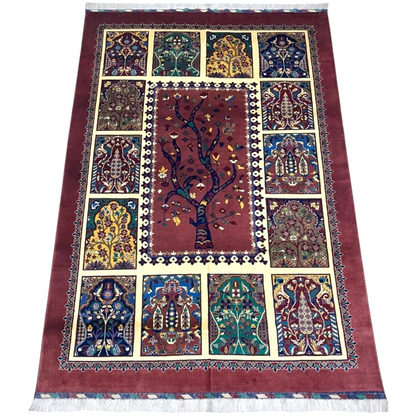 Afghan Tree of Life hand-knotted rug with cotton foundation in cream and burgundy