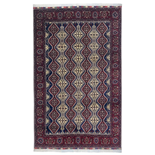 Stunning Afghan wool rug in burgundy navy with cotton foundation