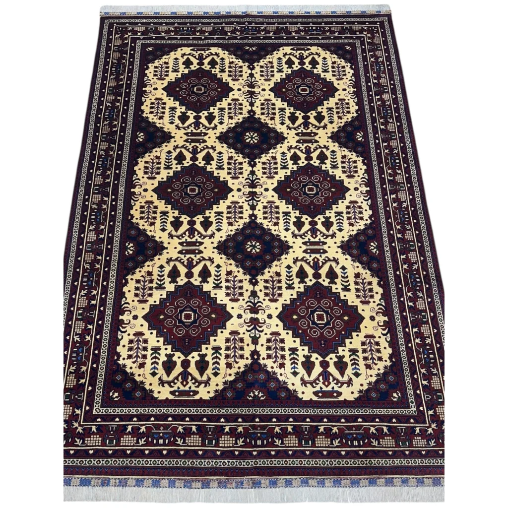 Stunning Afghan Zerkhaki rug with cotton foundation, cream and burgundy geometric patterns