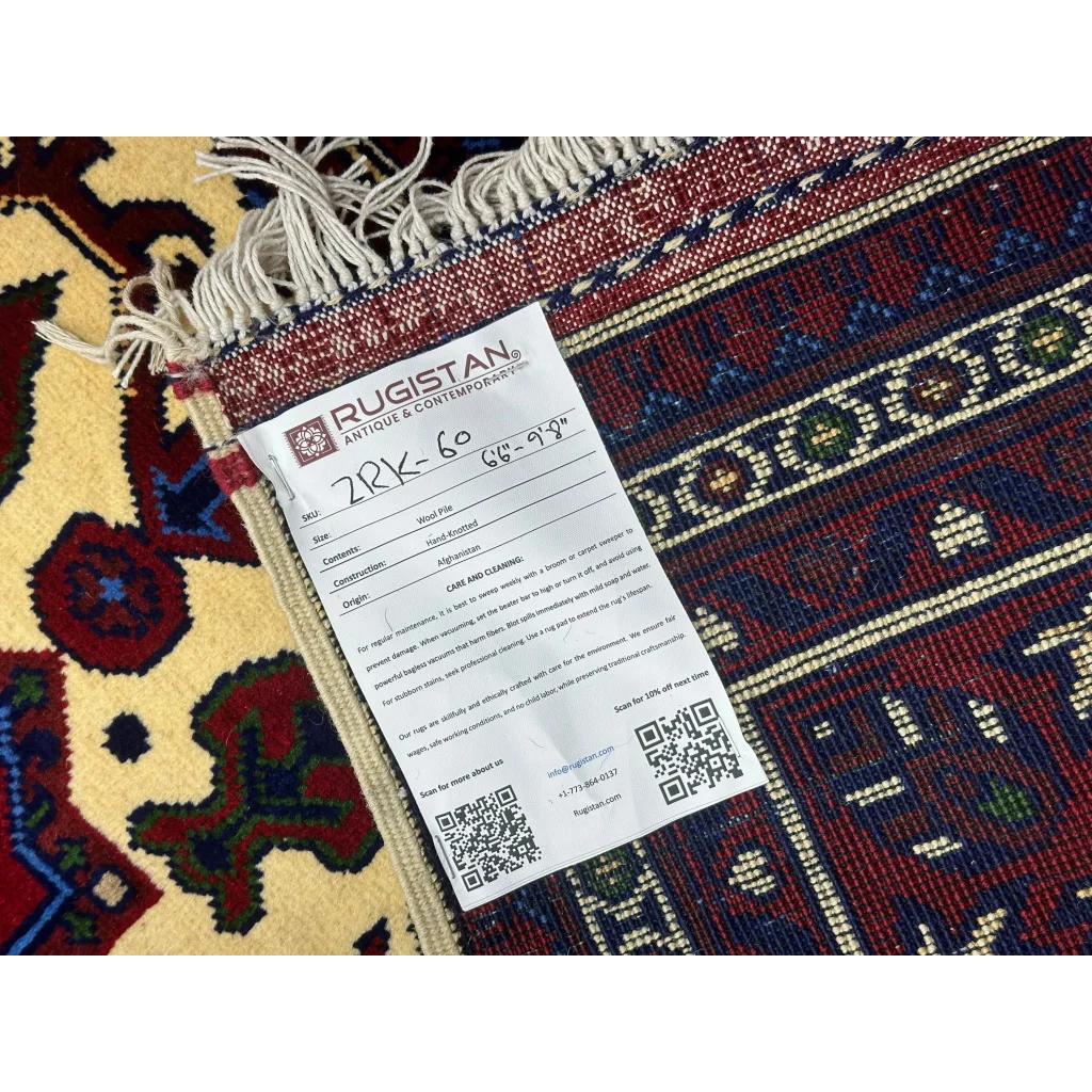 Stunning Afghan Zerkhaki rug with cotton foundation, intricate patterns in red, navy, cream, green