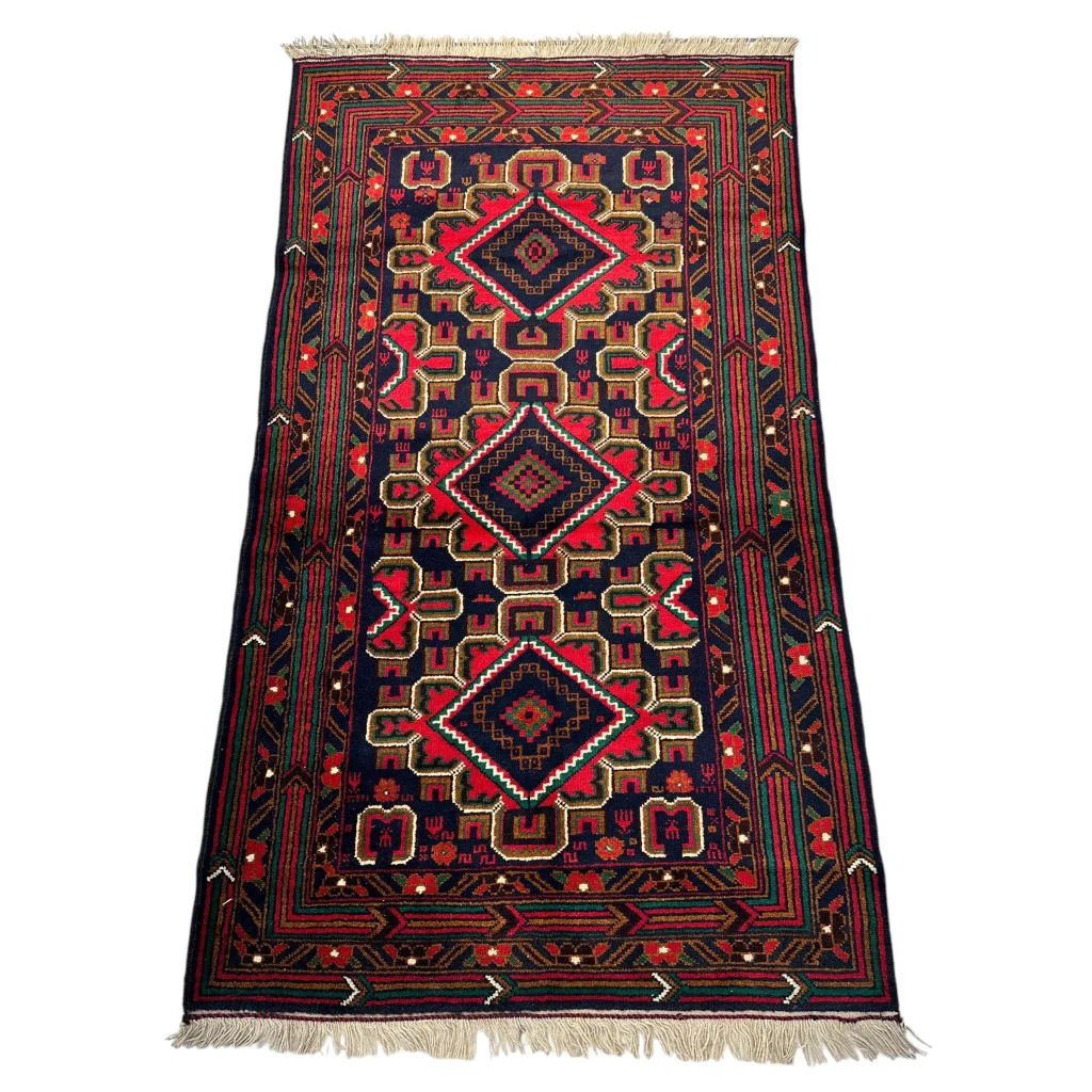 Stunning Afghani Baluch wool rug in dark blue with red gold designs for small spaces
