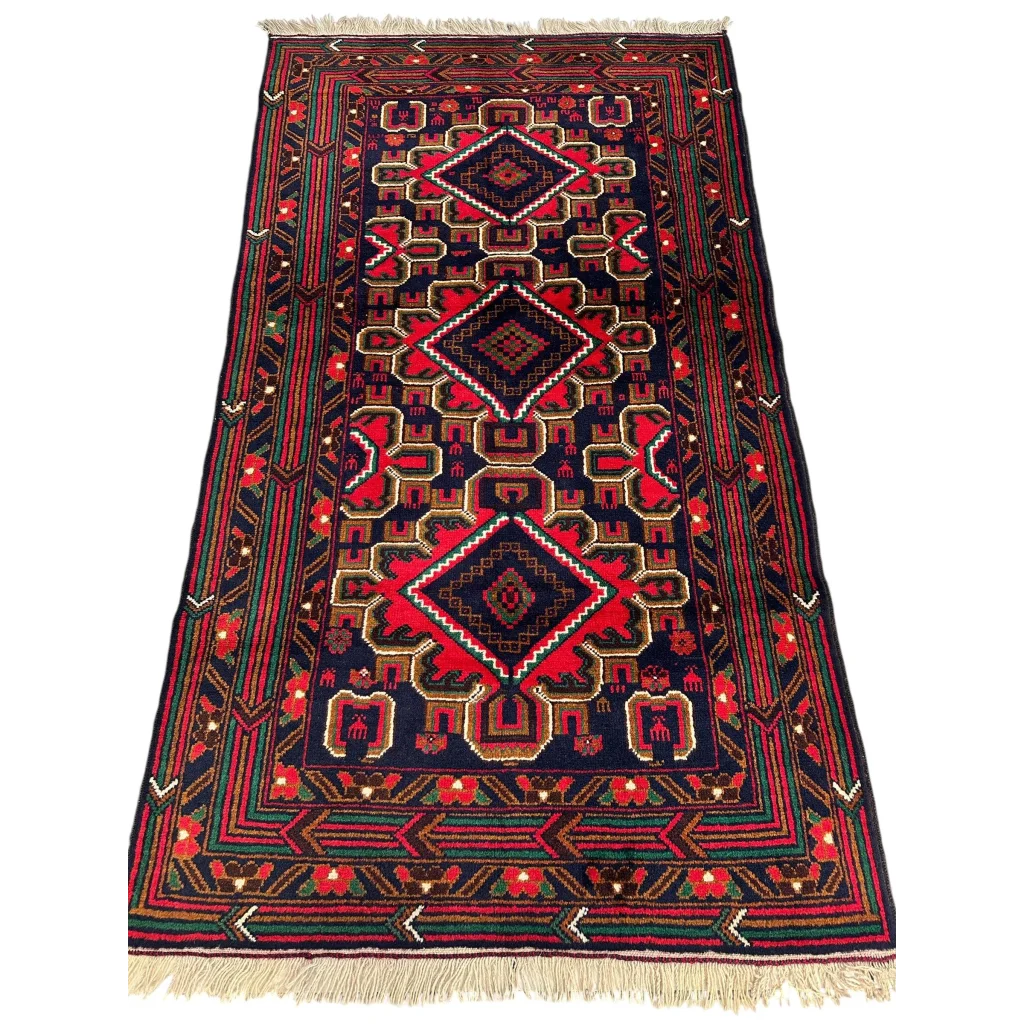 Stunning Afghani Baluch wool rug with red navy geometric patterns for small spaces