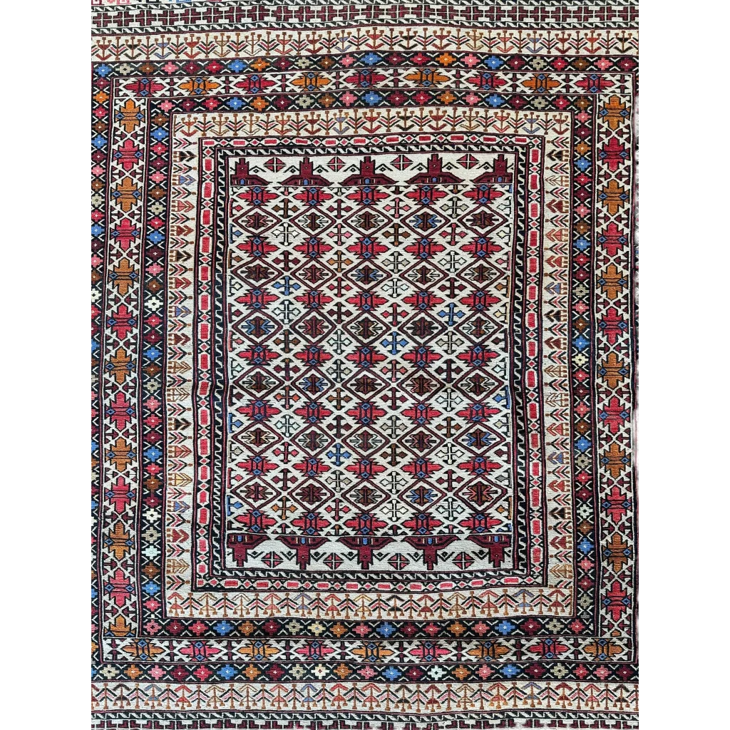 Stunning Afghani Maliki Soumak rug with bold geometric patterns