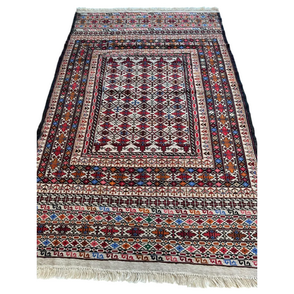 Stunning Afghani Maliki Soumak rug with bold geometric patterns