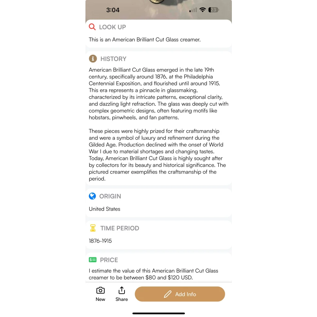 American Brilliant Cut Glass Creamer info from the Gilded Age, vintage price and history