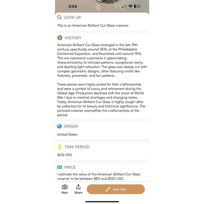 American Brilliant Cut Glass Creamer info from the Gilded Age, vintage price and history