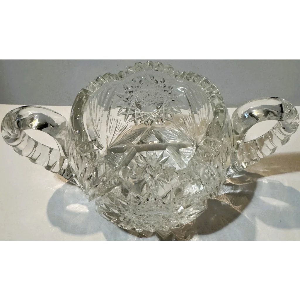 American Brilliant Cut Glass Sugar Bowl with intricate star and fan patterns