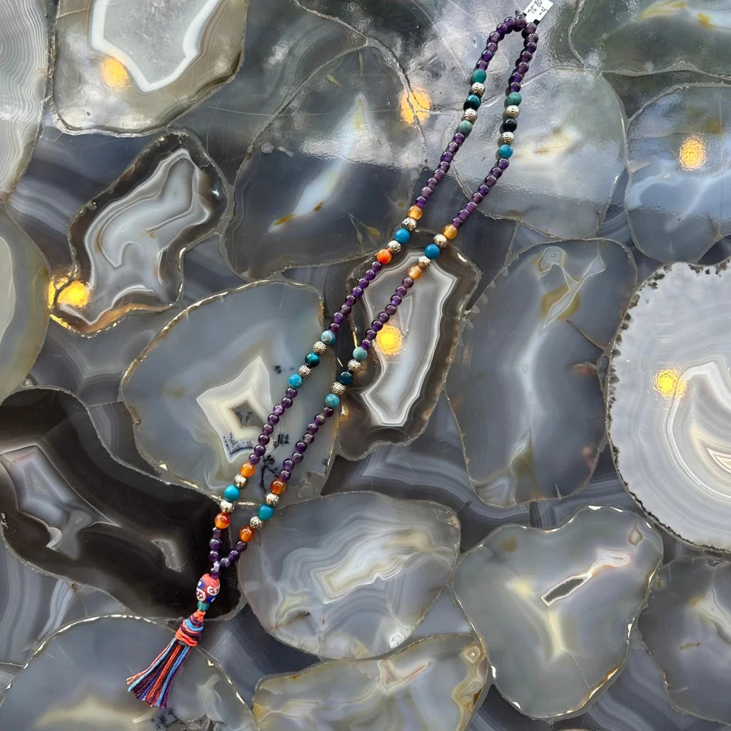 Stunning Amethyst Mala necklace with turquoise, carnelian beads and tassel