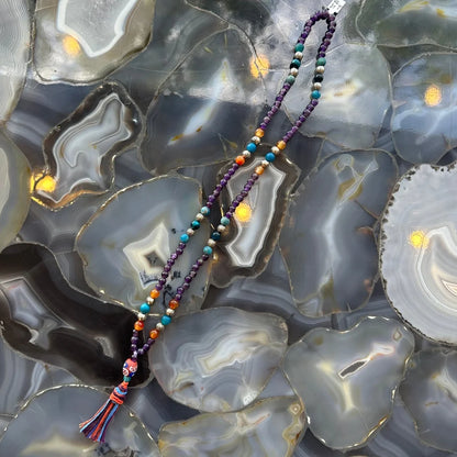 Stunning Amethyst Mala necklace with turquoise, carnelian beads and tassel