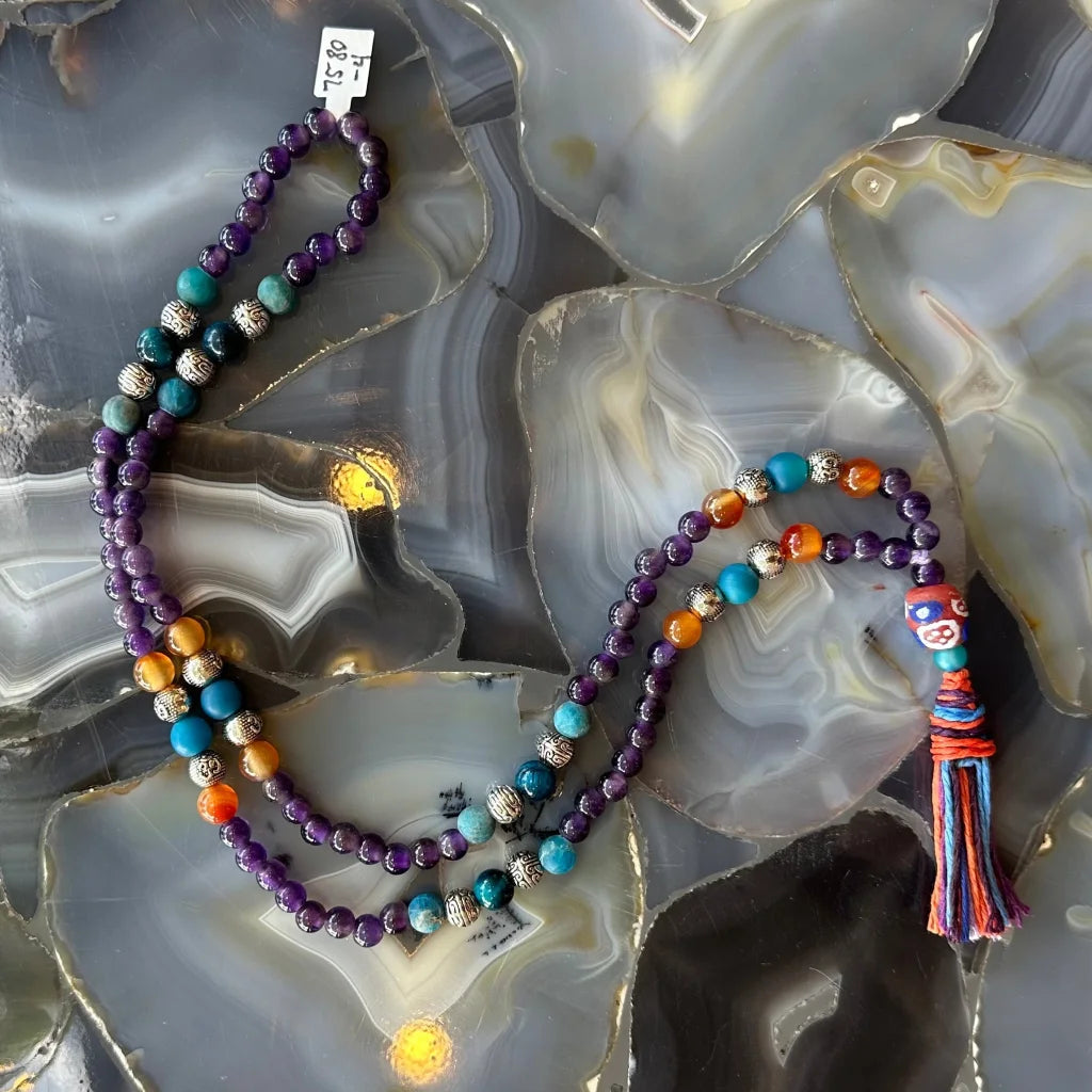 Stunning Amethyst Mala necklace with turquoise, carnelian beads and tassel