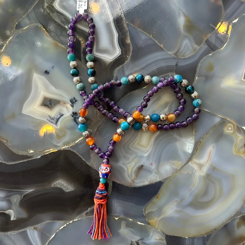 Vibrant Amethyst Mala Necklace with Turquoise Carnelian Beads