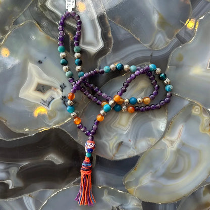 Vibrant Amethyst Mala Necklace with Turquoise Carnelian Beads