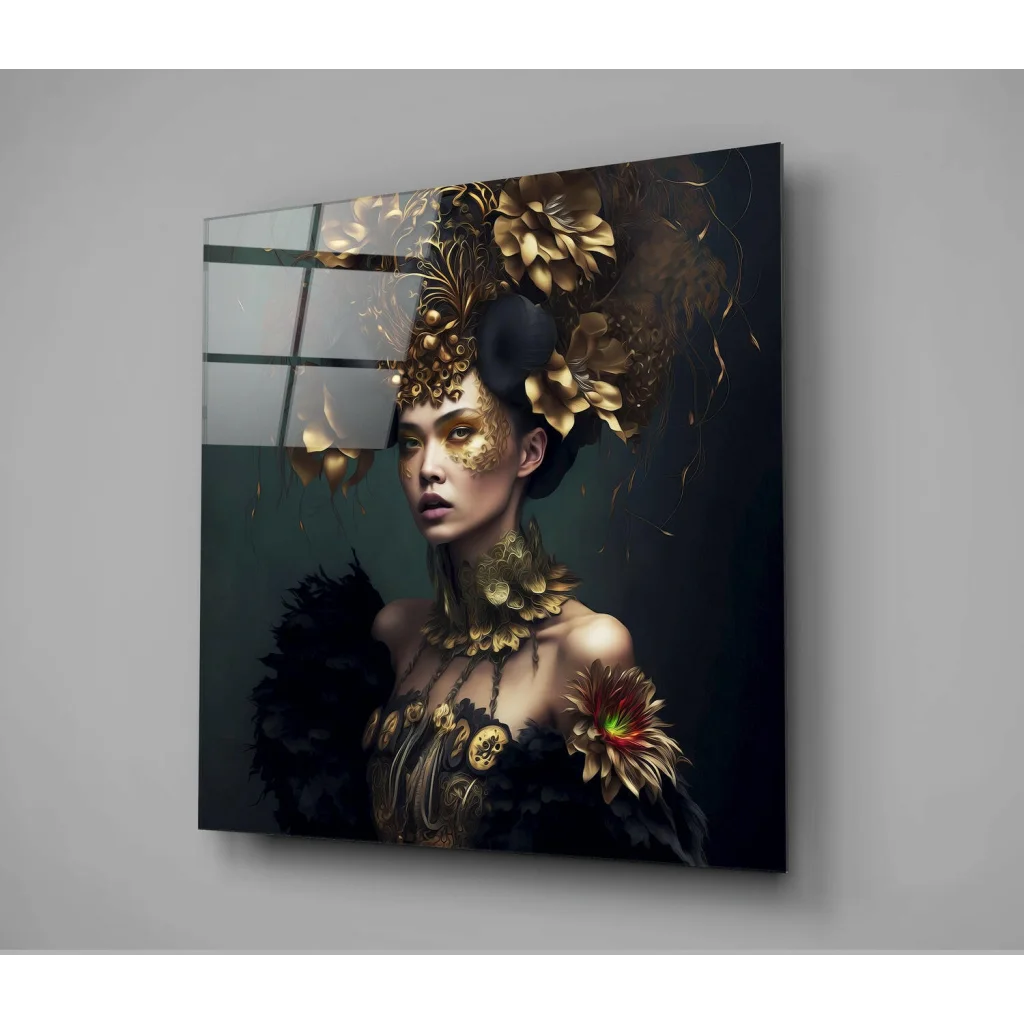 Stunning anime portrait glass wall art with golden floral headdress