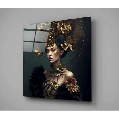 Stunning anime portrait glass wall art with golden floral headdress