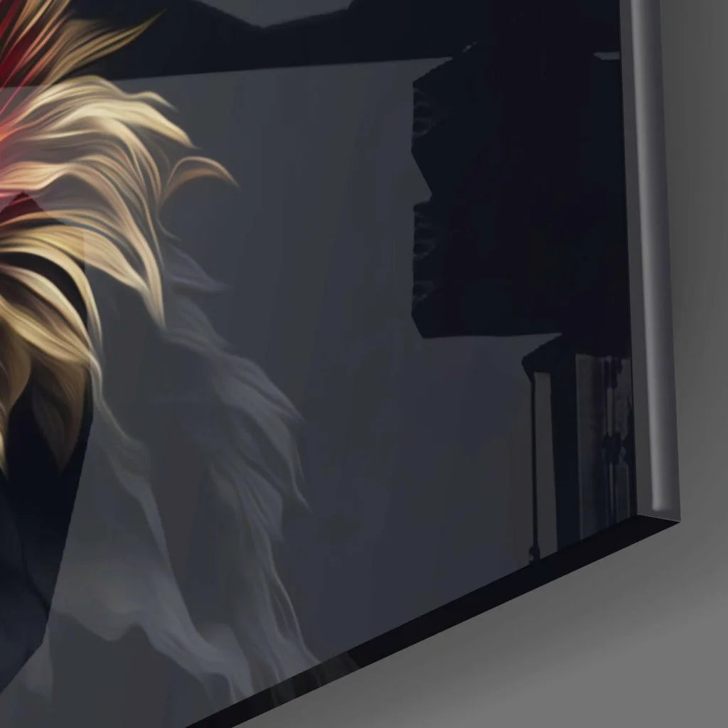 Framed anime portrait glass wall art with blonde hair and golden florals