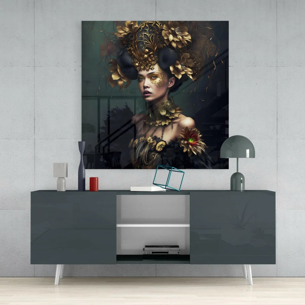 Stunning anime woman in golden floral headdress on glass wall art