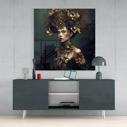 Stunning anime woman in golden floral headdress on glass wall art