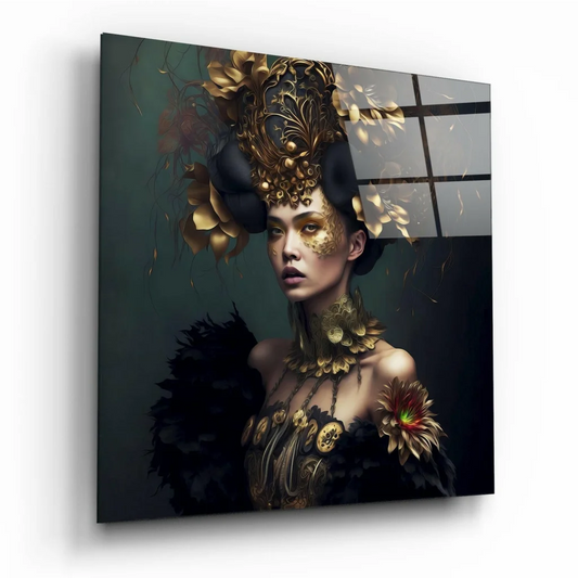 Stunning anime woman in gold floral glass wall art portrait