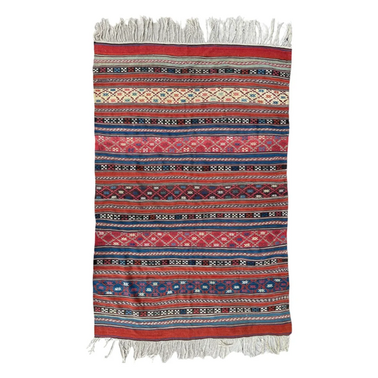 Vibrant antique Caucasian Shahsavan Soumak rug with stripes and fringe