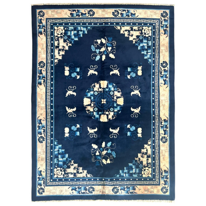 Stunning antique Chinese Peking rug in deep navy blue with intricate motifs