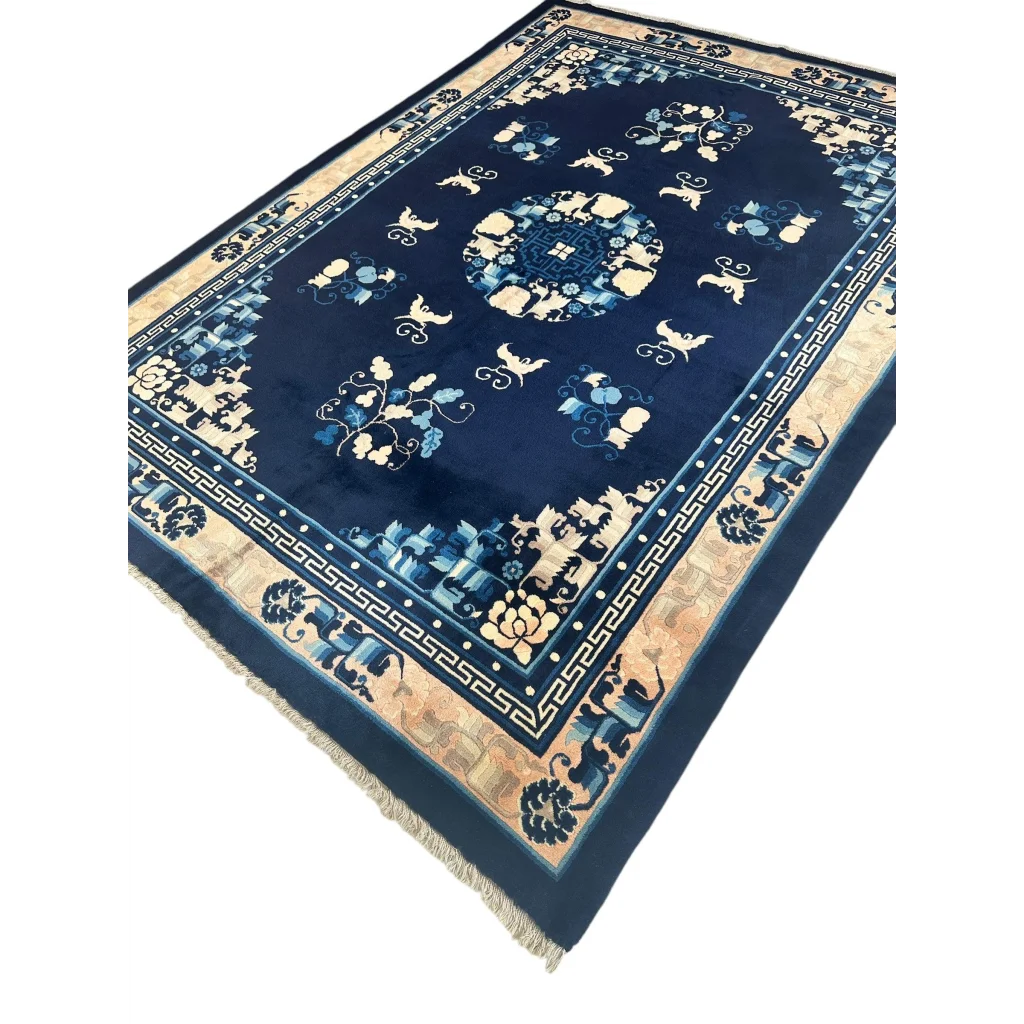 Stunning antique Chinese Peking navy blue rug with cream floral patterns