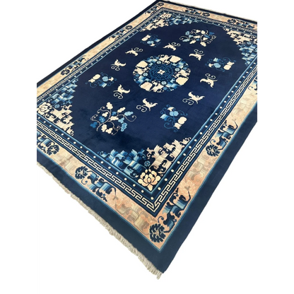 Stunning antique Chinese Peking navy blue rug with cream floral patterns