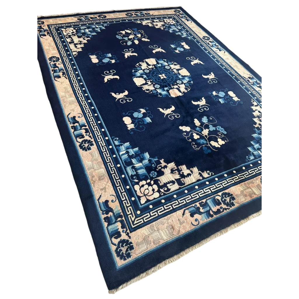Stunning antique Chinese Peking navy blue rug with floral motifs