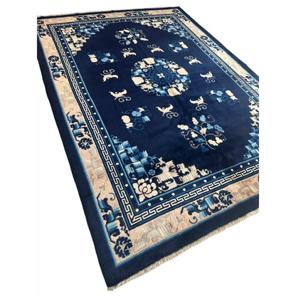 Stunning antique Chinese Peking navy blue rug with floral motifs
