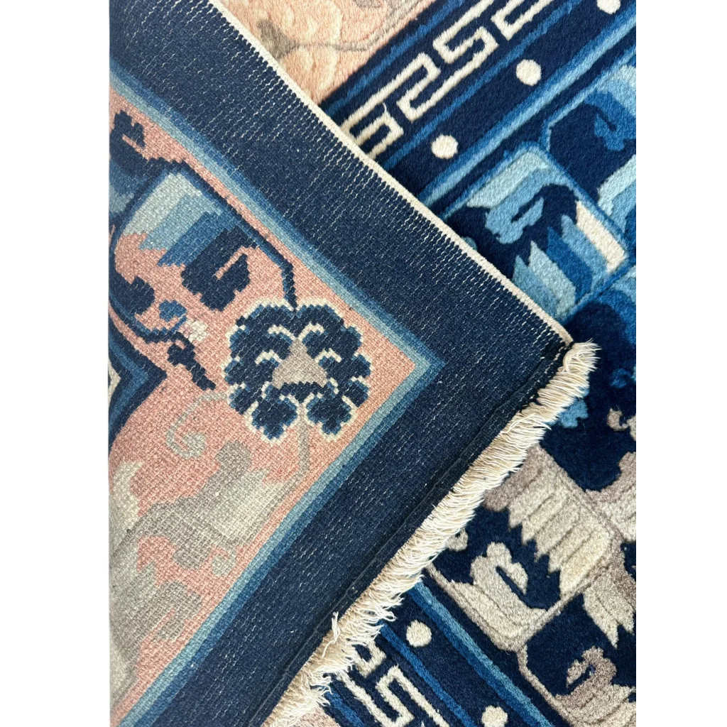 Stunning antique Chinese Peking rug in navy blue with peach geometric floral patterns