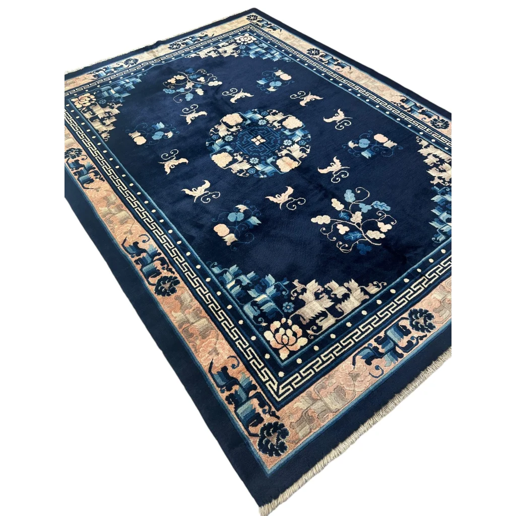 Stunning antique Chinese Peking rug in deep navy blue silk with floral motifs
