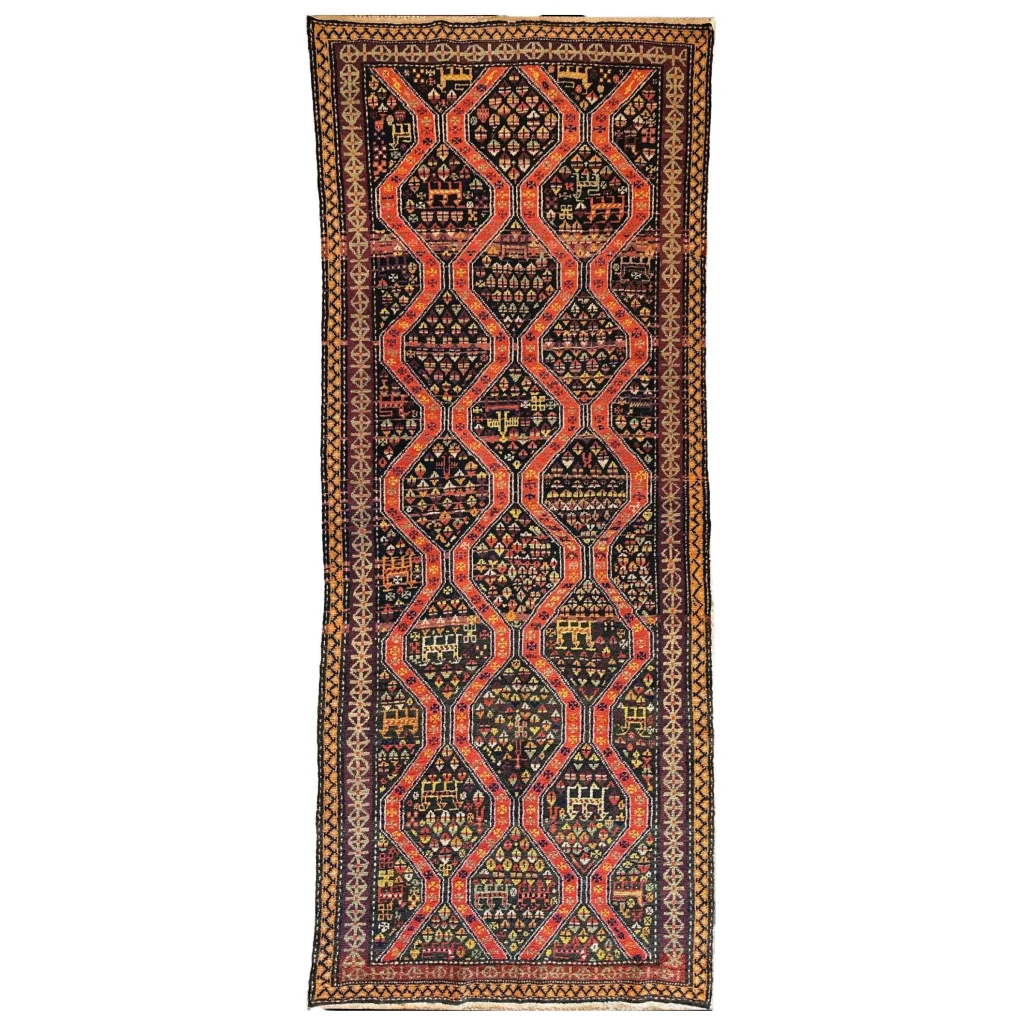 Antique 1910s Caucasian Kazak rug, full view, bold geometric patterns in reds and oranges