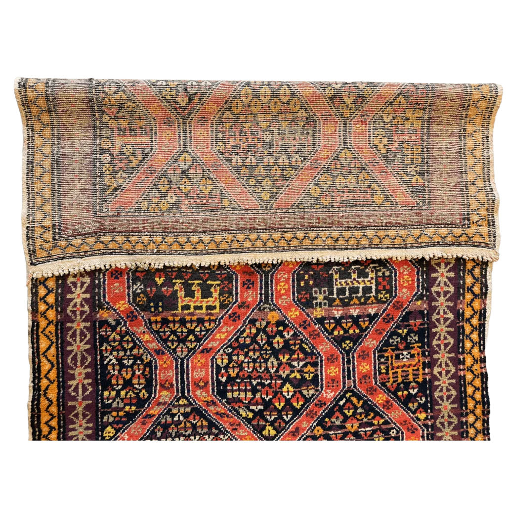 Rare antique 1910s Kazak rug, burgundy indigo ochre and cream geometric floral patterns with abrash