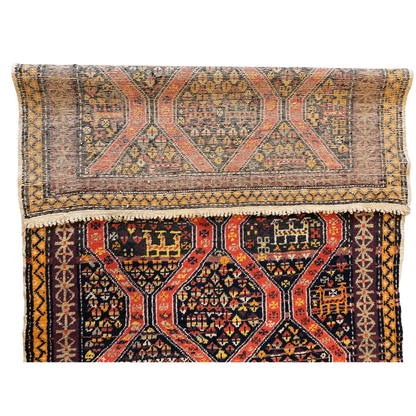 Rare antique 1910s Kazak rug, burgundy indigo ochre and cream geometric floral patterns with abrash