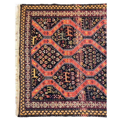 1910s Kazak rug from the Caucasus, bold geometric and floral patterns in red black and orange