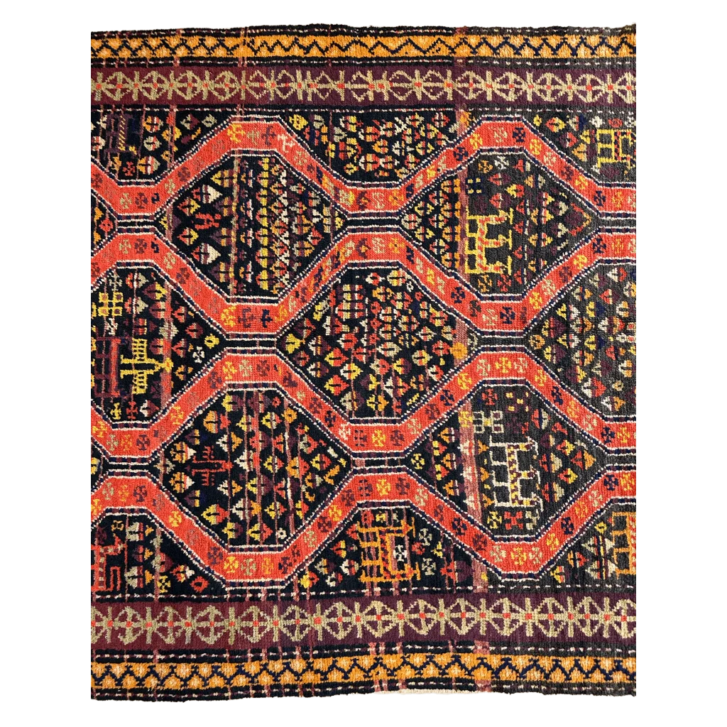 Antique Caucasian Kazak rug 1910s, field pattern detail showing vibrant red and black geometric art