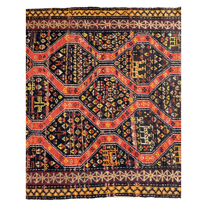 Antique Caucasian Kazak rug 1910s, field pattern detail showing vibrant red and black geometric art