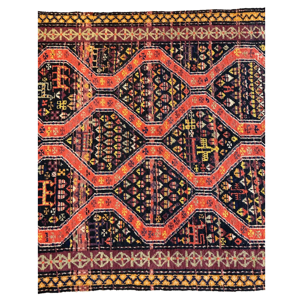 1910s Caucasian Kazak rug, vibrant red and black bold geometric design, hand-knotted natural wool