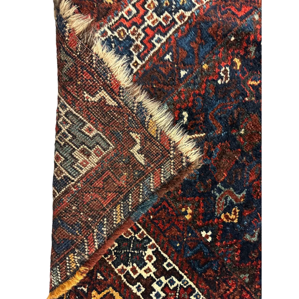 Stunning antique Persian Khamseh rug with red, navy, cream motifs